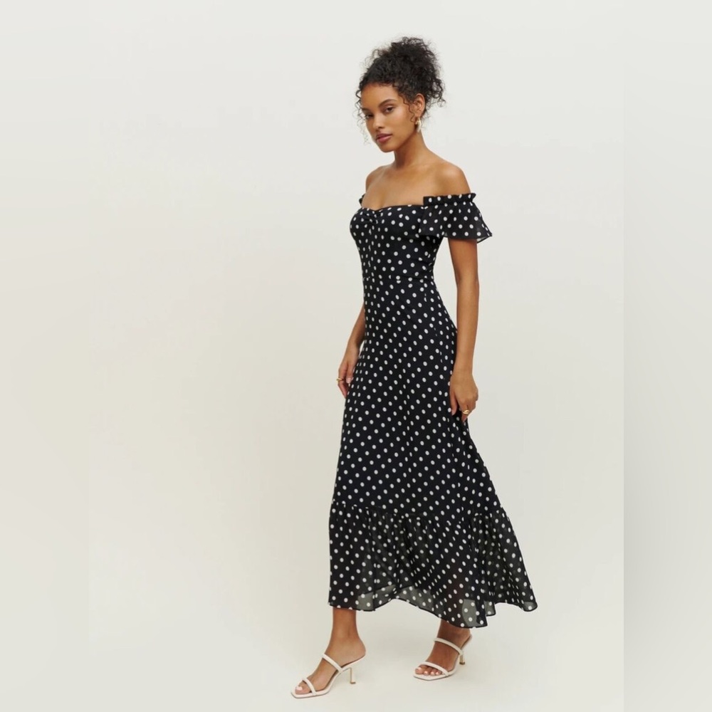 Reformation | Butterfly Dress in Bettie Black polka dot Sz 2 midi party vacation